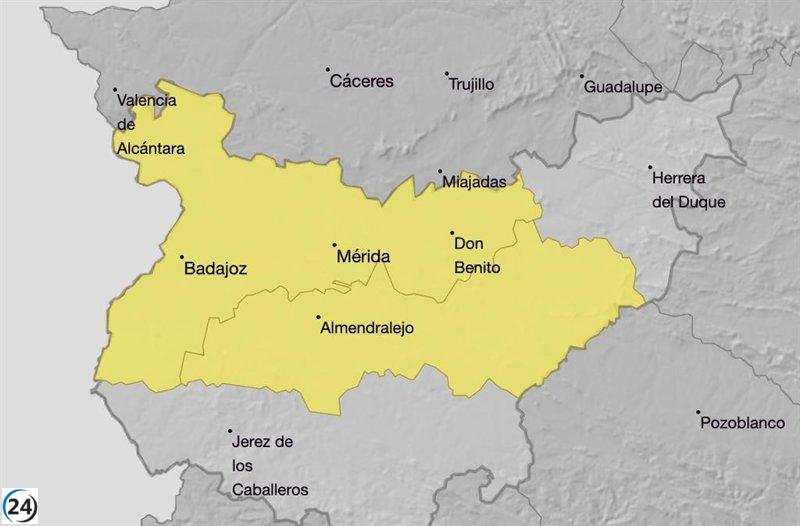 Alerta amarilla por lluvias y tormentas en Vegas del Guadiana, Barros y La Serena este domingo.