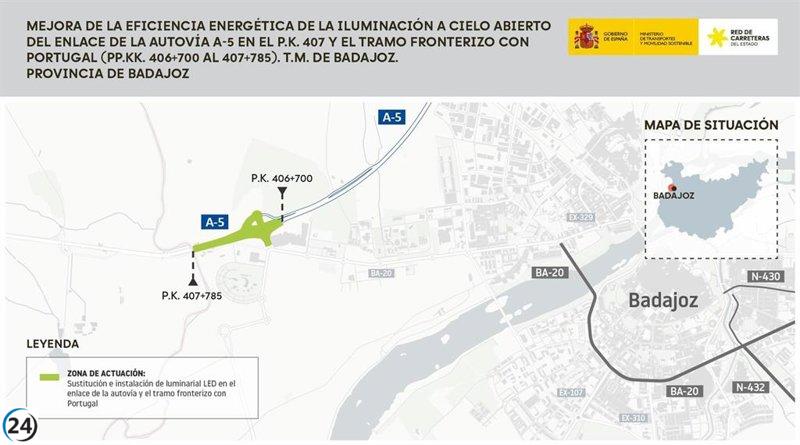El Ministerio de Transportes lanza licitación para modernizar la iluminación de la A-5 en Badajoz.