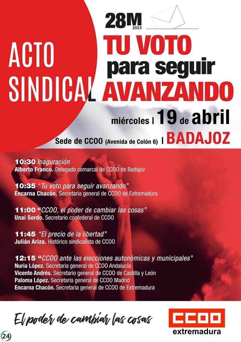Unai Sordo y Encarna Chacón lideran acto CCOO en Badajoz antes de elecciones.