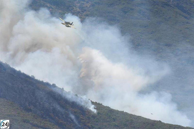 Maquinaria y medios aéreos ayudan en zona de difícil acceso y alto riesgo de incendios en Ovejuela.
